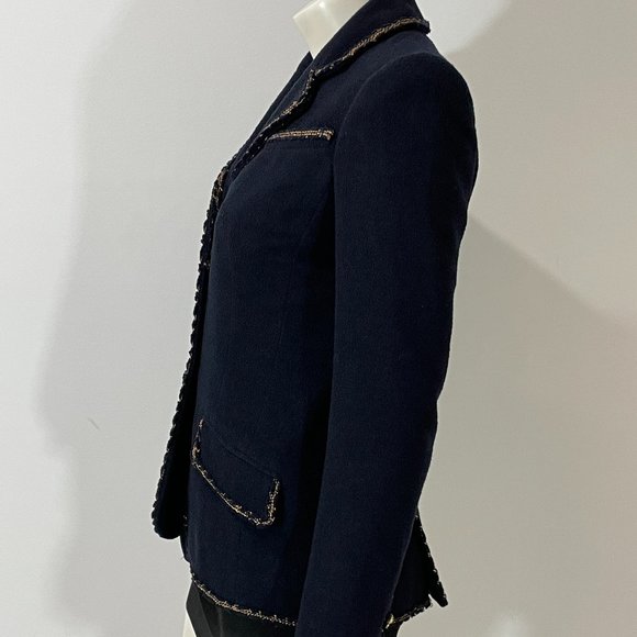 CHANEL $6500 NAVY TWEED BLAZER W/GOLD/BRONZE TRIM - Picture 2 of 12